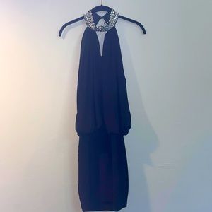 Black rhinestone collar midi dress